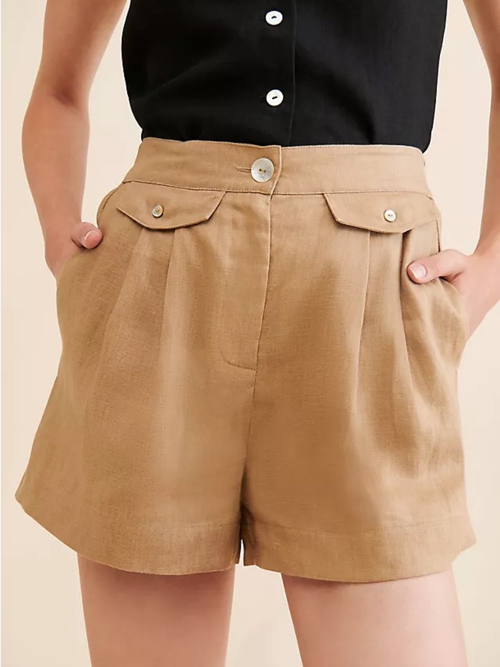 Anthropologie Sovere Instance Tailored Neutral Linen High Waist Shorts Sz Large